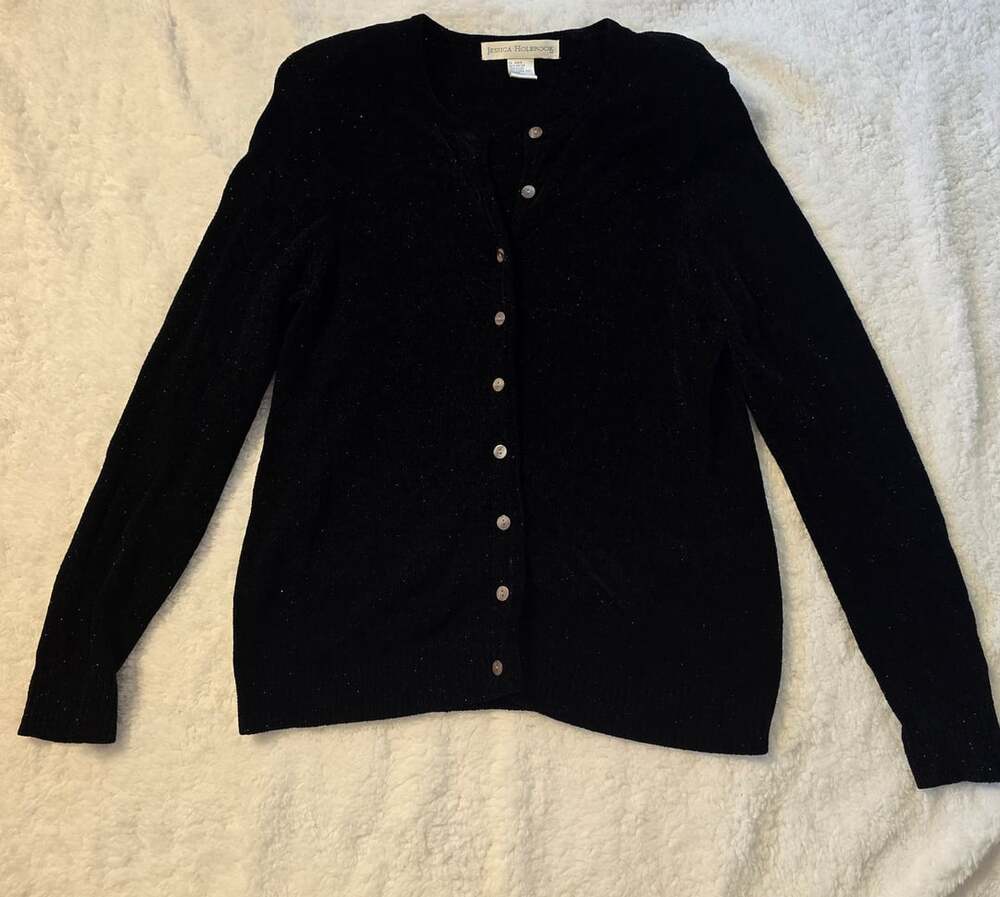 Jessica Holbrook Vintage Black Shimmer Button Down Cardigan Sweater Medium